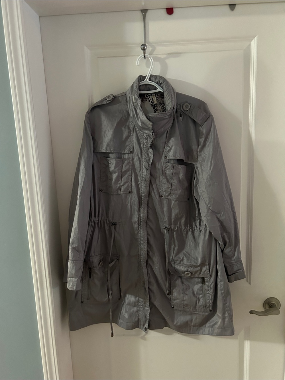 Lindi Light Gray Utility Jacket Leopard Print Lining Hooded Plus Size 2X